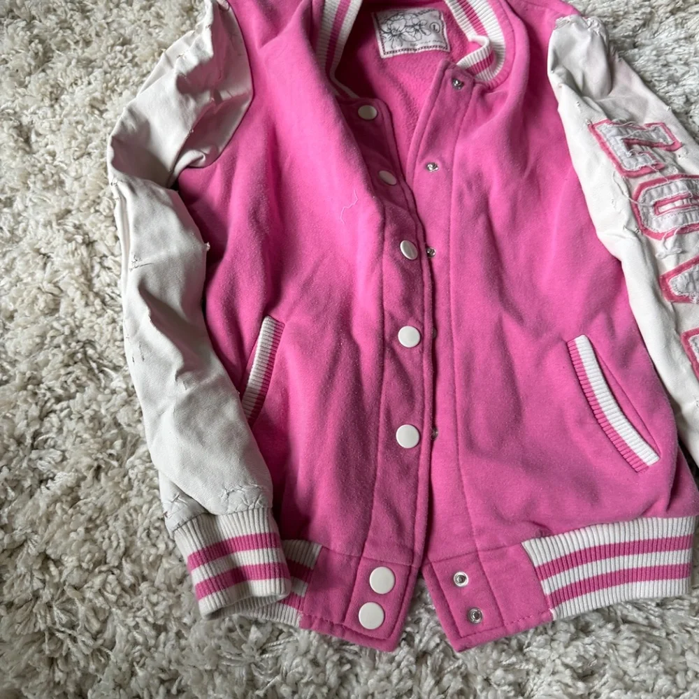 Stylish Reflex Varsity Y2K early 2000s color block vintage Jacket in Pink and Wh - Picture 3 of 9